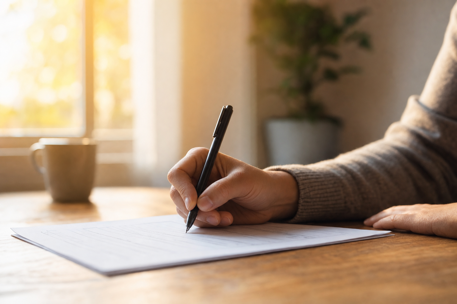 A hand holding a pen filling out a paper form in warm window light