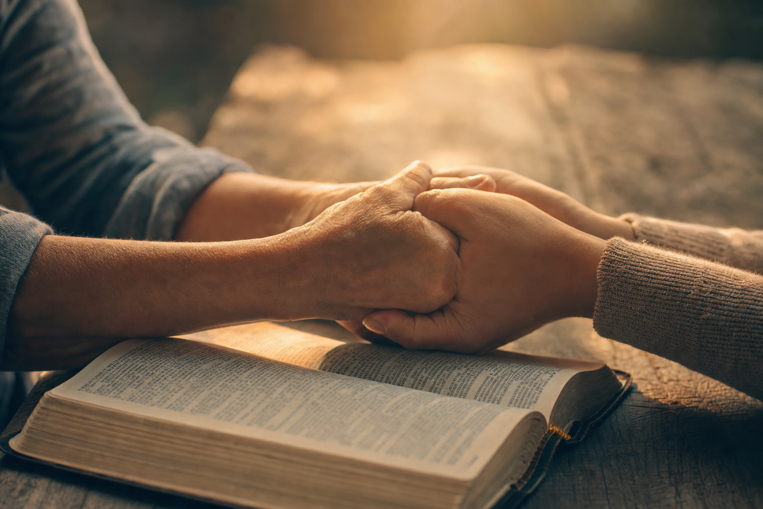 Two hands clasped over an open Bible in warm light