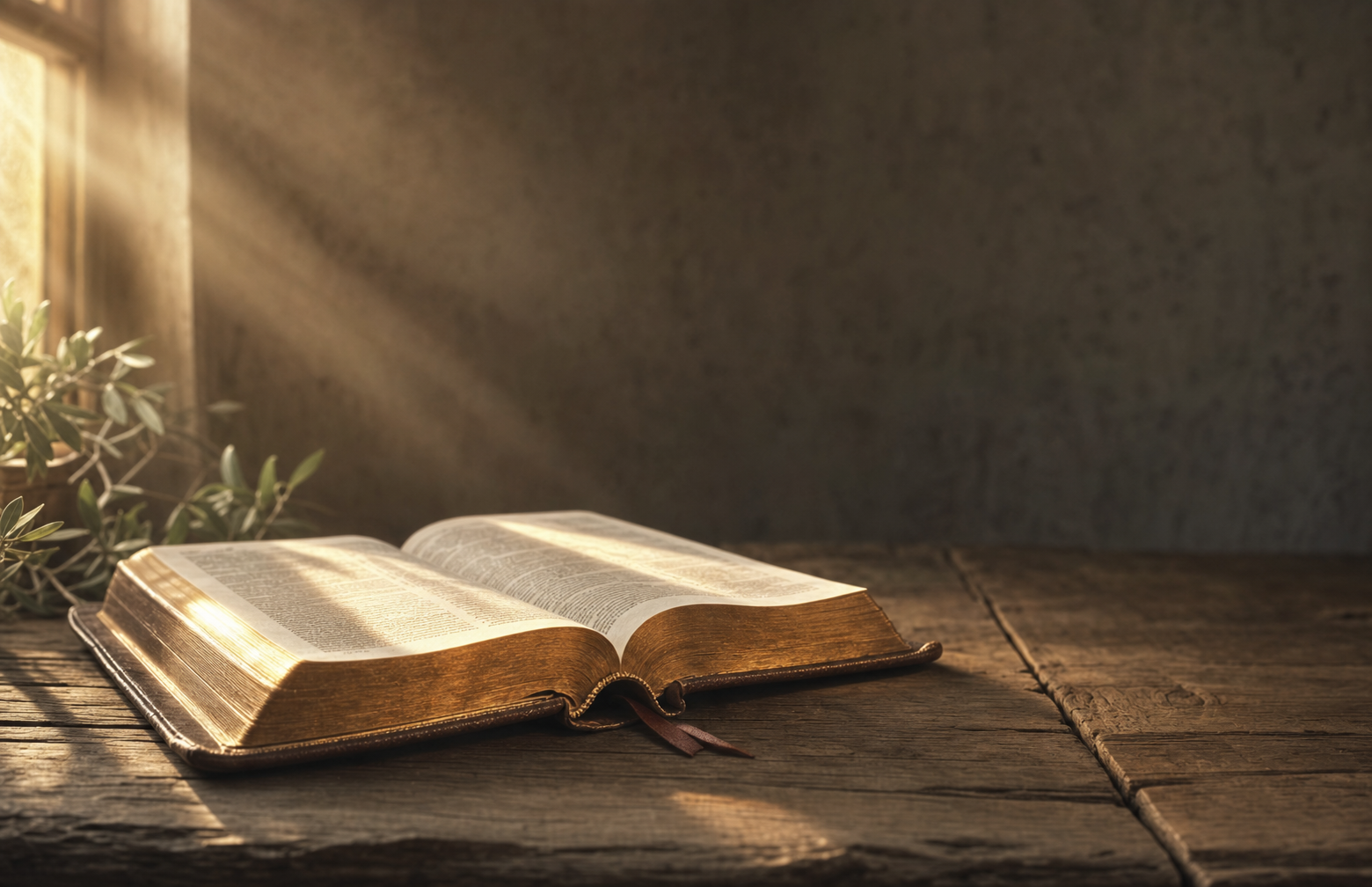 Open Bible on a wooden table with warm morning light