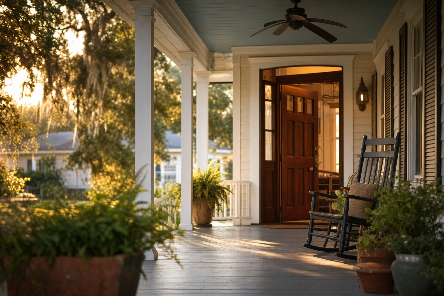 Warm Southern front porch with a rocking chair at golden hour